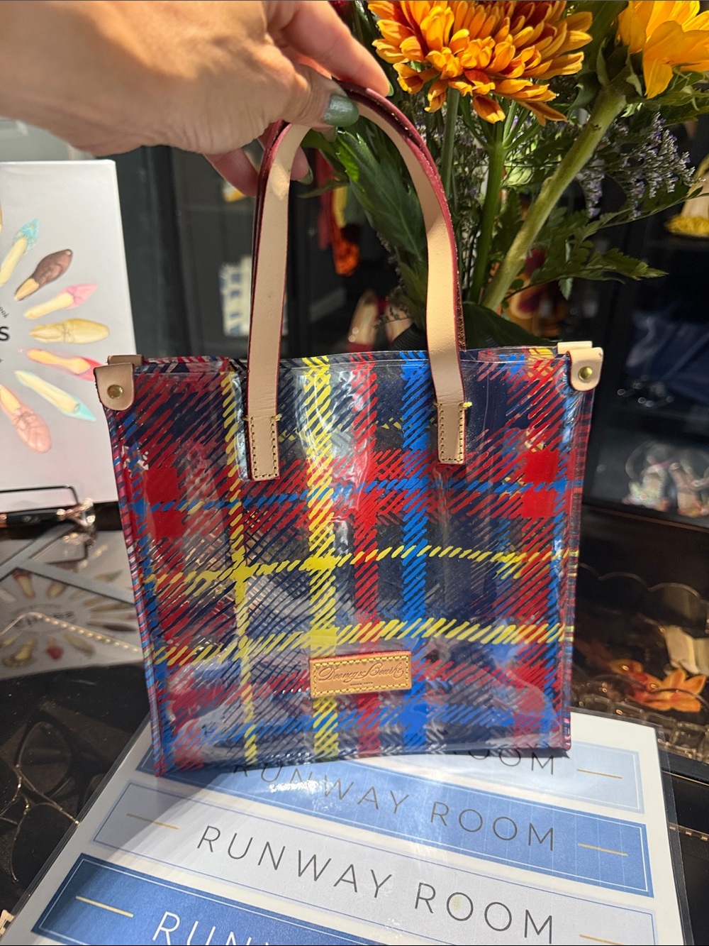 Dooney & Bourke Red Blue Yellow Plaid Clear Tote with Tan Handles